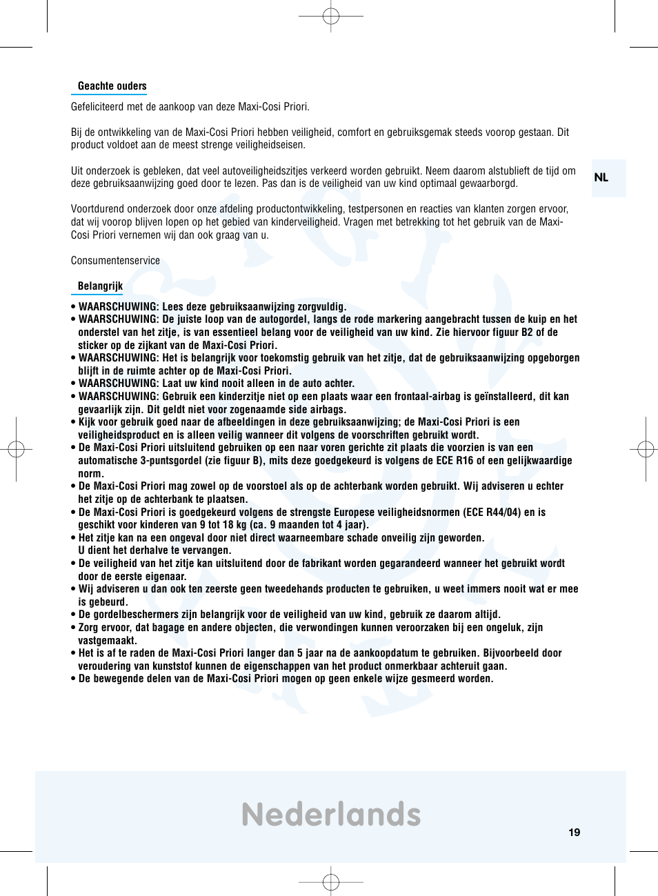 Nederlands | Maxi-Cosi Priori Side Protection System User Manual | Page 19 / 40