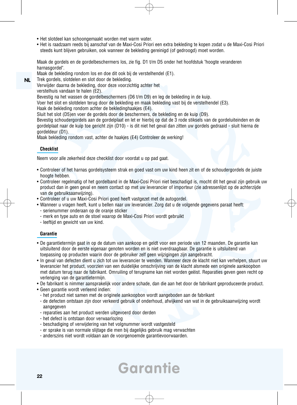 Garantie | Maxi-Cosi Priori Side Protection System User Manual | Page 22 / 40