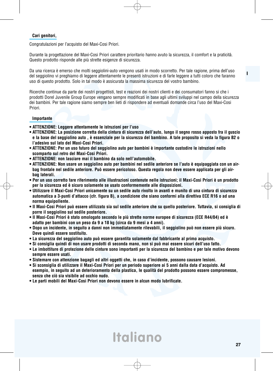 Italiano | Maxi-Cosi Priori Side Protection System User Manual | Page 27 / 40