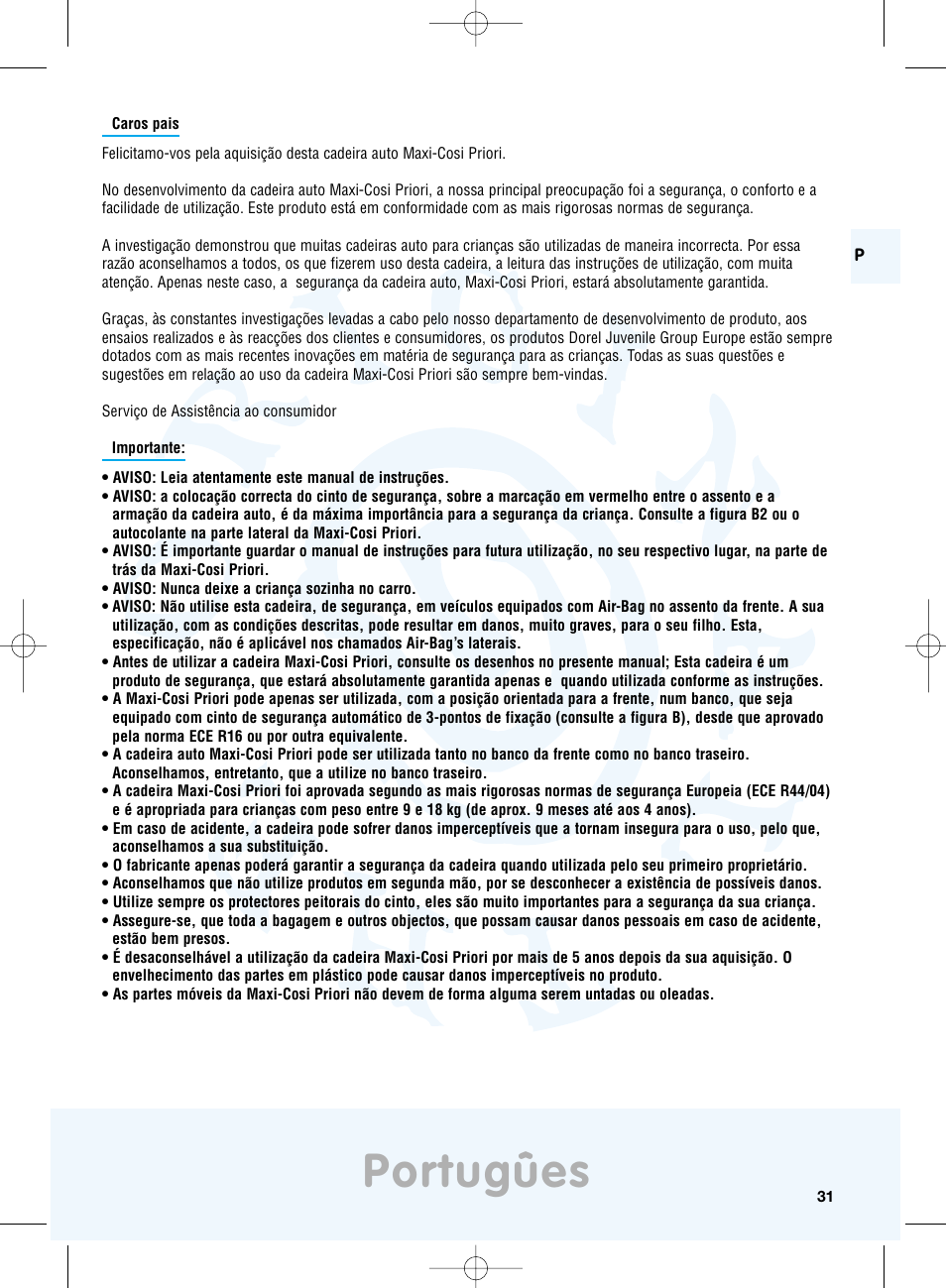 Portugûes | Maxi-Cosi Priori Side Protection System User Manual | Page 31 / 40