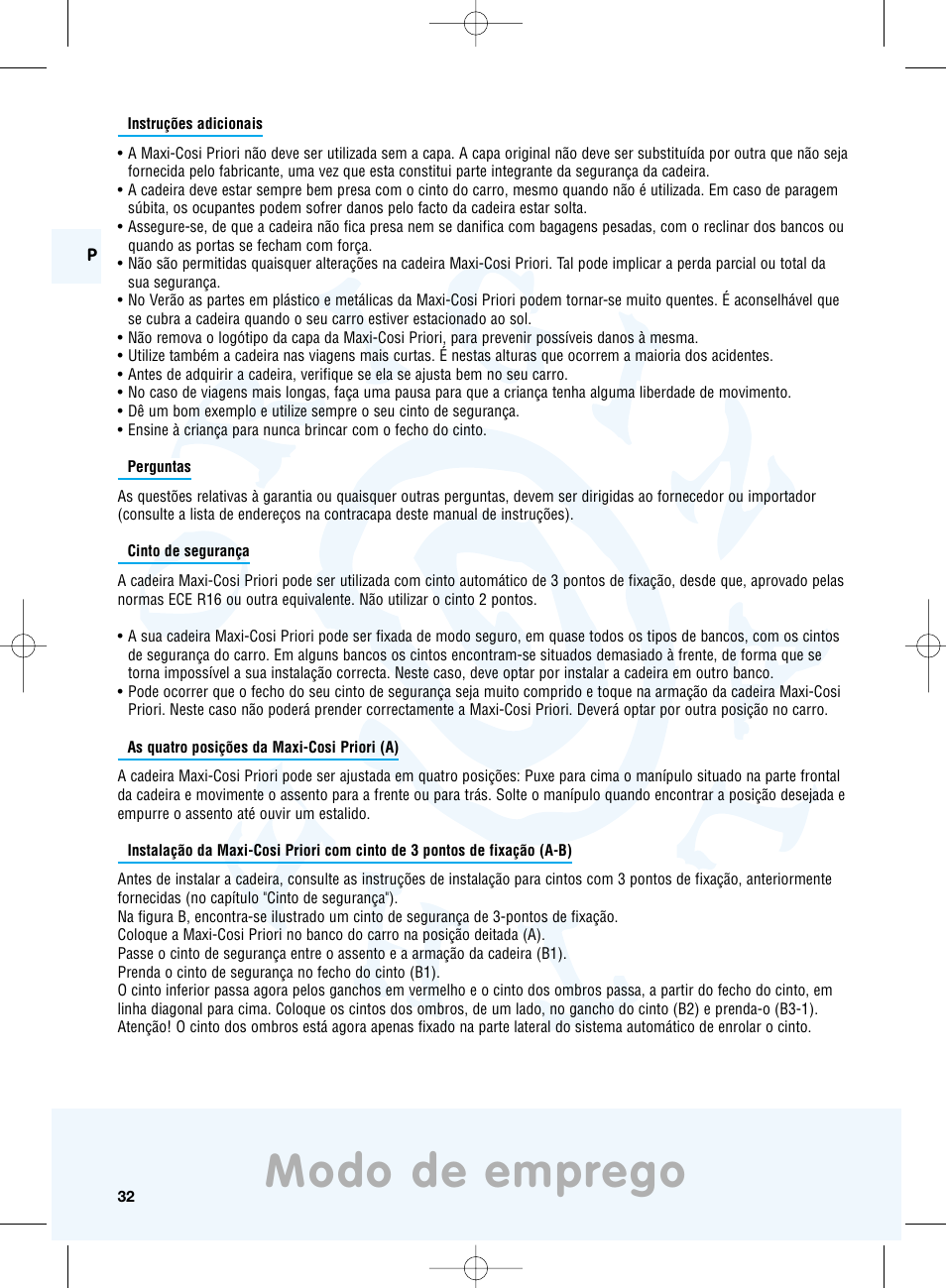Modo de emprego | Maxi-Cosi Priori Side Protection System User Manual | Page 32 / 40