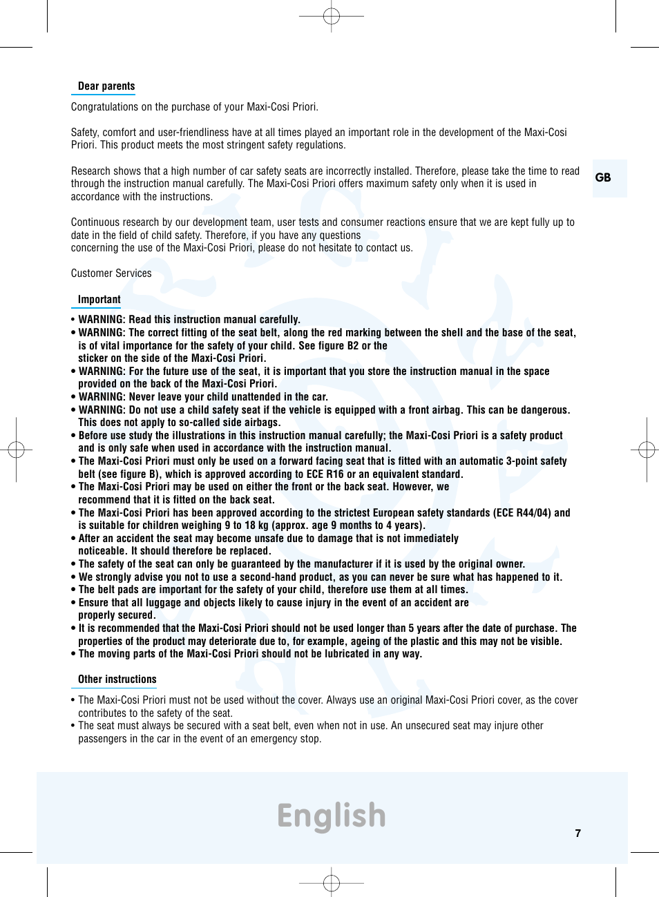 English | Maxi-Cosi Priori Side Protection System User Manual | Page 7 / 40
