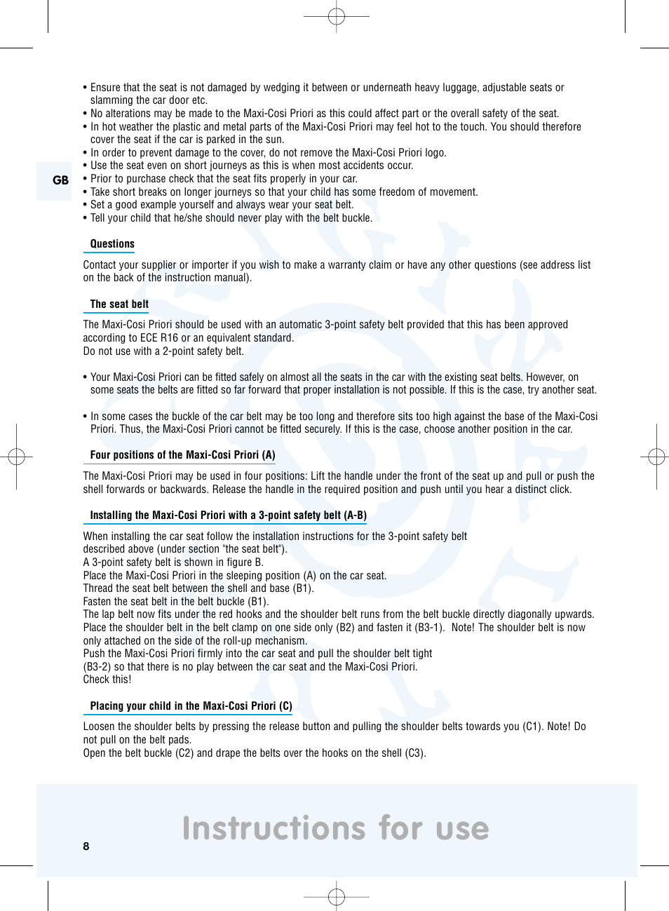 Instructions for use | Maxi-Cosi Priori Side Protection System User Manual | Page 8 / 40