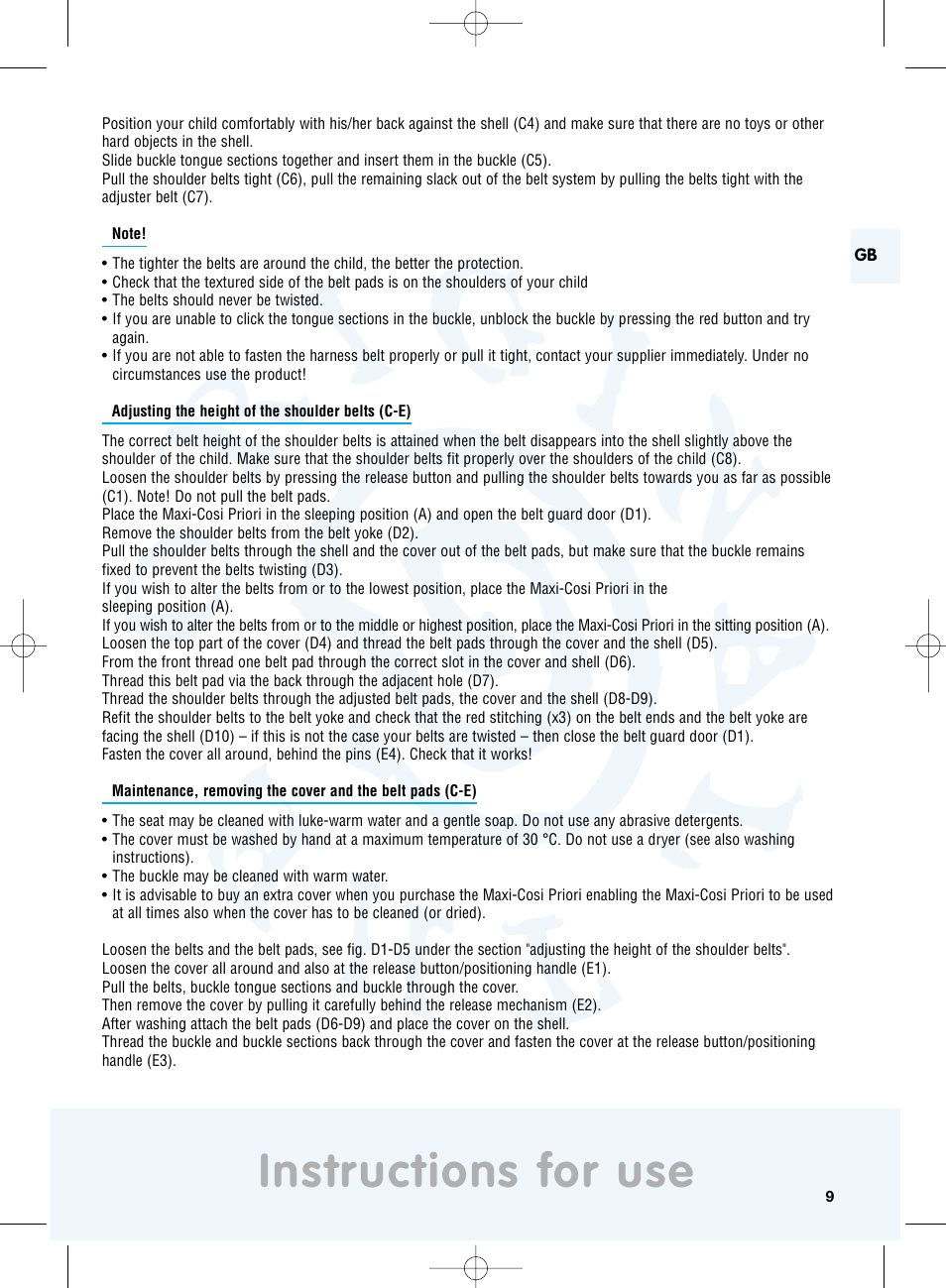 Instructions for use | Maxi-Cosi Priori Side Protection System User Manual | Page 9 / 40