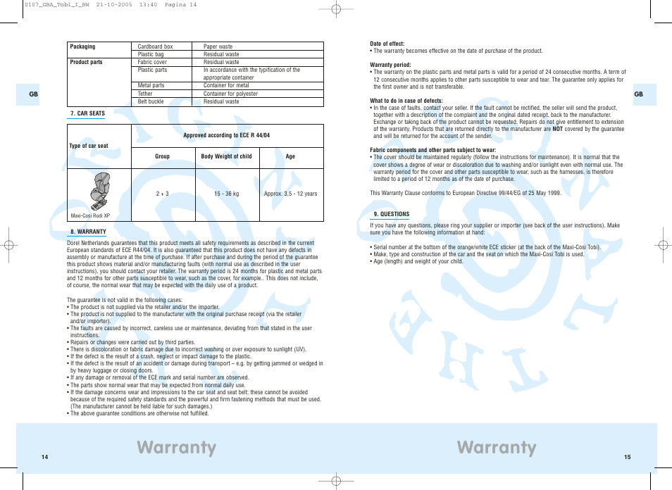 Warranty | Maxi-Cosi Tobi User Manual | Page 10 / 41