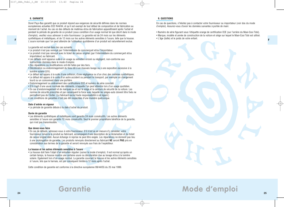 Mode d’emploi, Garantie | Maxi-Cosi Tobi User Manual | Page 15 / 41