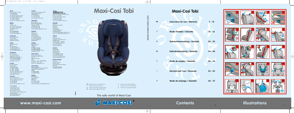 Maxi-cosi tobi, Illustrations contents, The safe world of maxi-cosi | Maxi-Cosi Tobi User Manual | Page 2 / 41