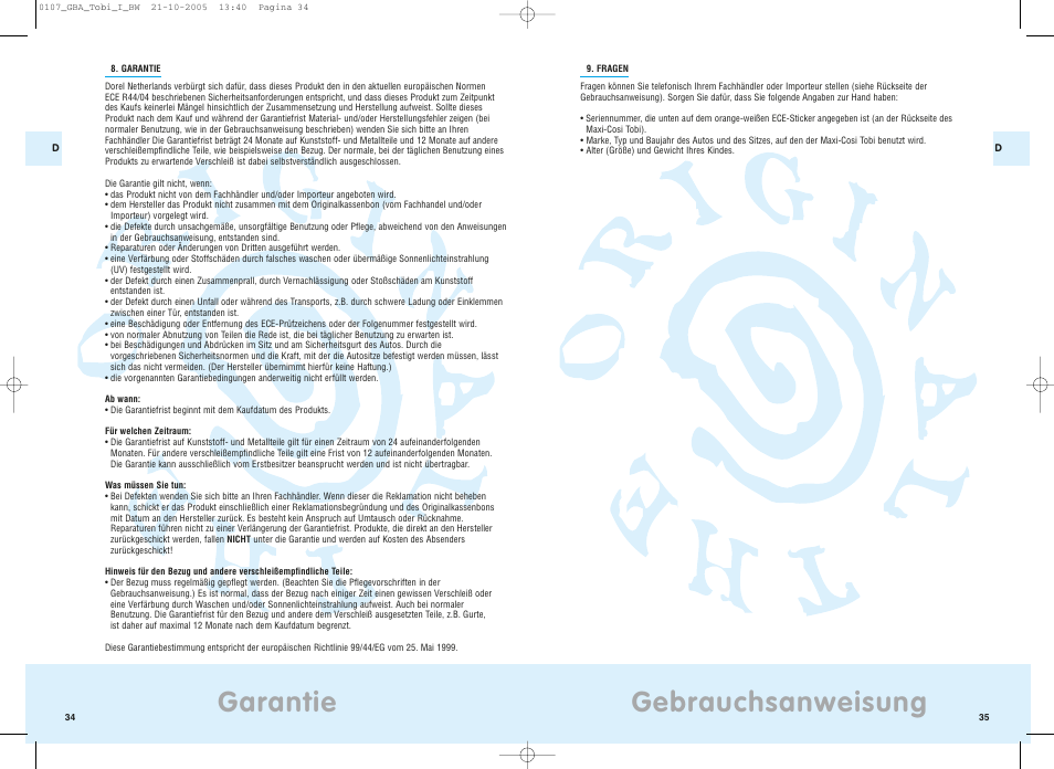 Gebrauchsanweisung, Garantie | Maxi-Cosi Tobi User Manual | Page 20 / 41