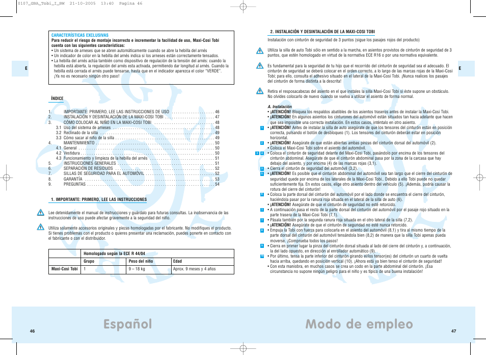 Modo de empleo, Español | Maxi-Cosi Tobi User Manual | Page 27 / 41