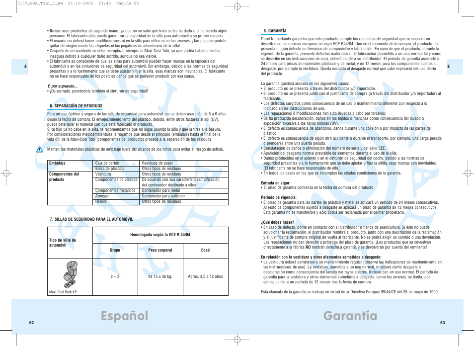 Garantía, Español | Maxi-Cosi Tobi User Manual | Page 30 / 41