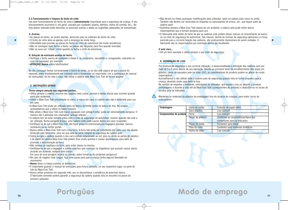 Modo de emprego, Portugûes | Maxi-Cosi Tobi User Manual | Page 39 / 41