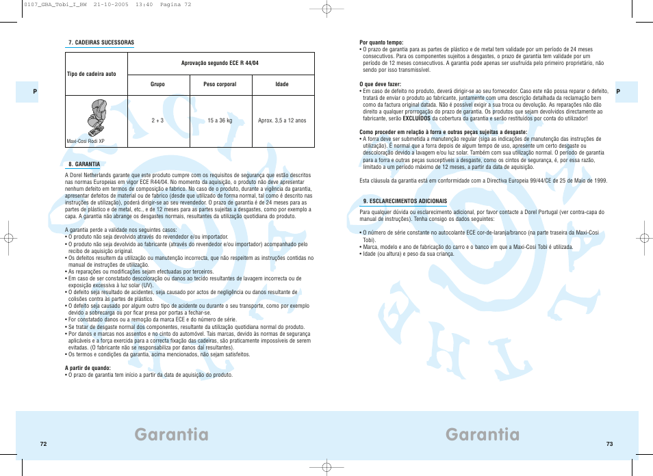 Garantia | Maxi-Cosi Tobi User Manual | Page 40 / 41