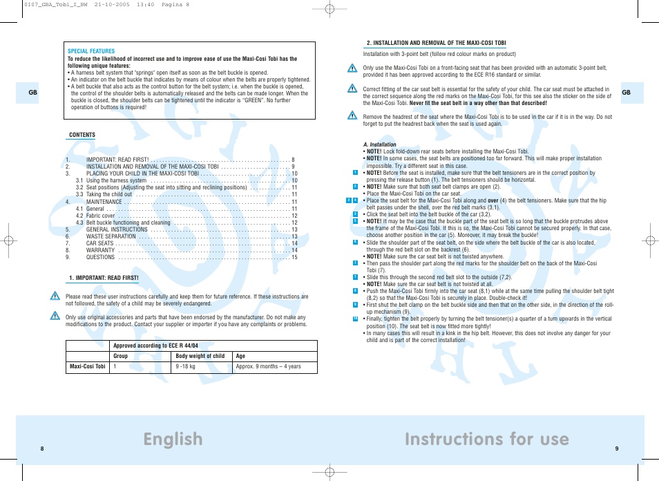Instructions for use, English | Maxi-Cosi Tobi User Manual | Page 7 / 41