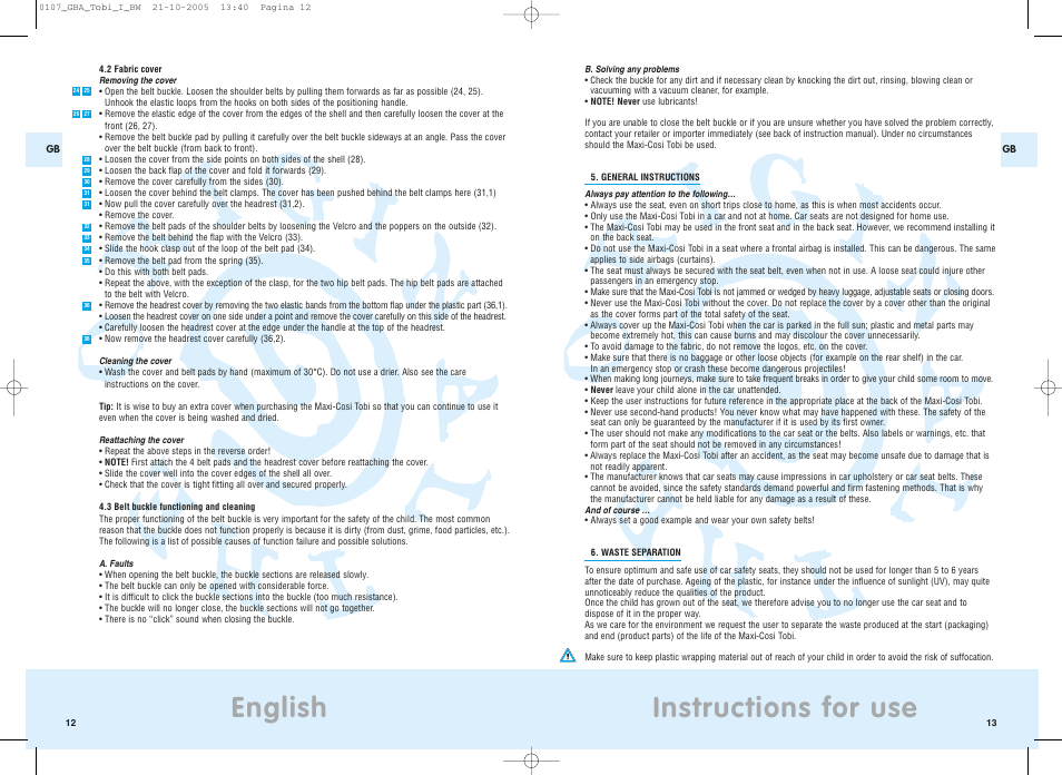 Instructions for use, English | Maxi-Cosi Tobi User Manual | Page 9 / 41