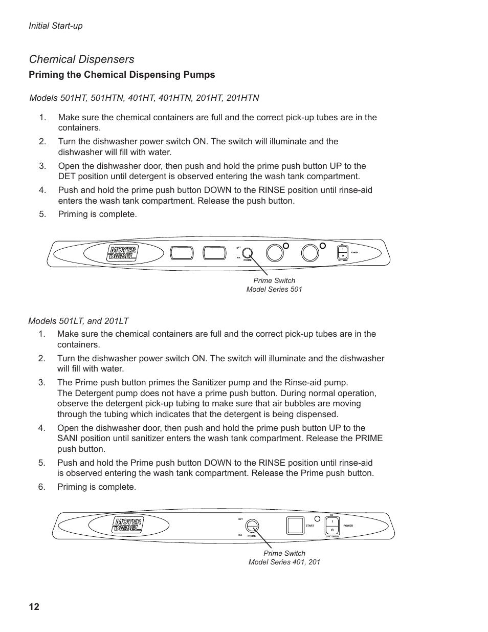 Chemical dispensers, Priming the chemical dispensing pumps | Moyer Diebel 501HT User Manual | Page 22 / 78