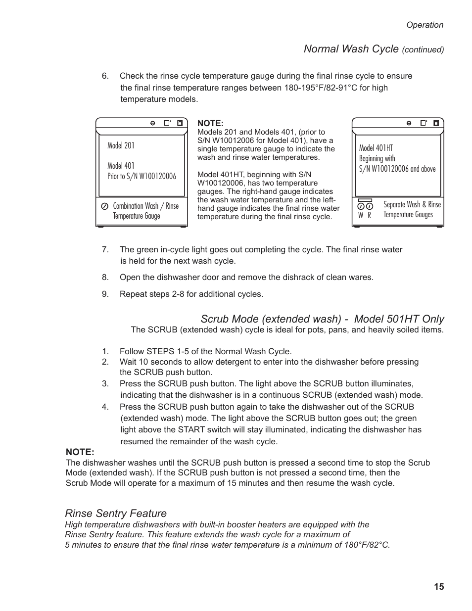 Scrub mode (extended wash) - model 501ht only, Normal wash cycle, Rinse sentry feature | Moyer Diebel 501HT User Manual | Page 25 / 78