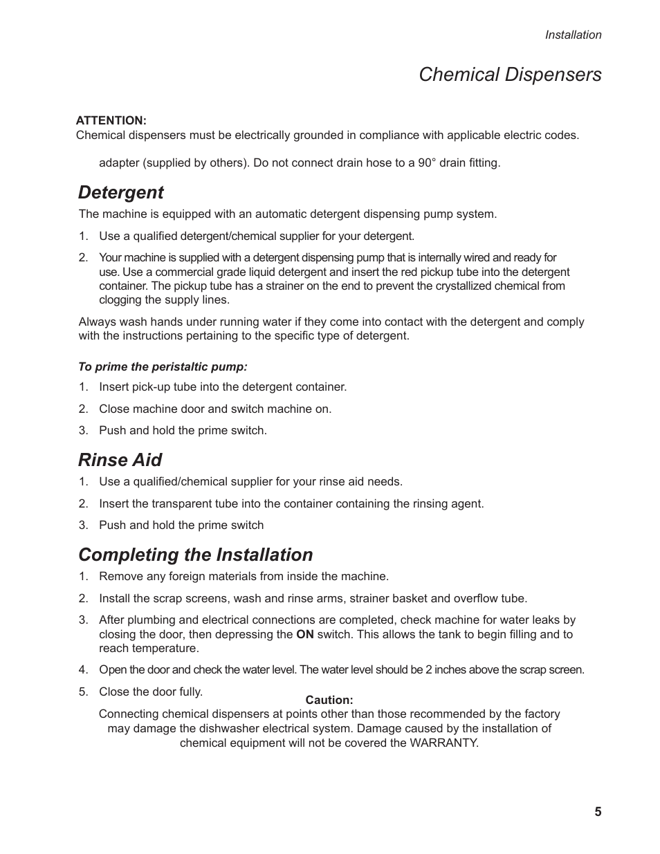 Chemical dispensers, Detergent, Rinse aid | Completing the installation | Moyer Diebel 301HT M2 User Manual | Page 13 / 50