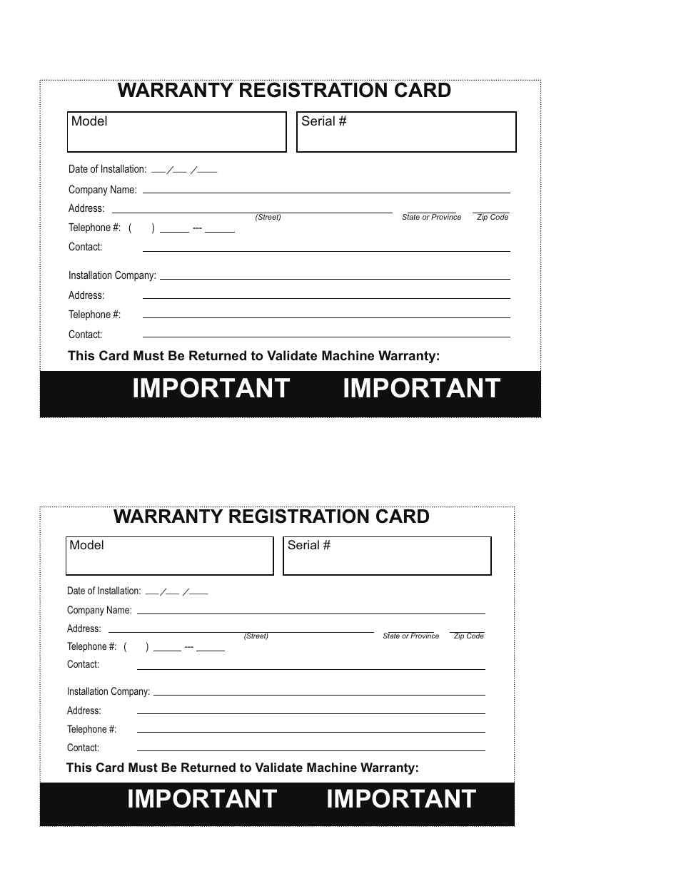 Important important, Warranty registration card | Moyer Diebel 301HT M2 User Manual | Page 4 / 50