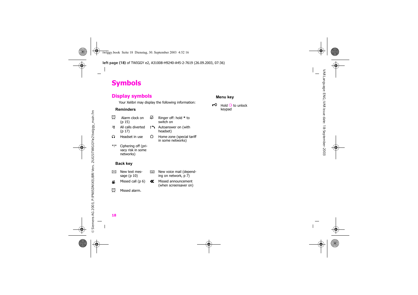 Symbols, Display symbols | Siemens Xelibri 6 User Manual | Page 19 / 30