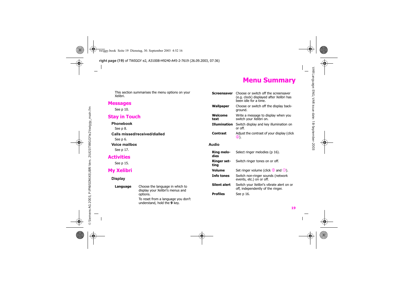 Menu summary | Siemens Xelibri 6 User Manual | Page 20 / 30