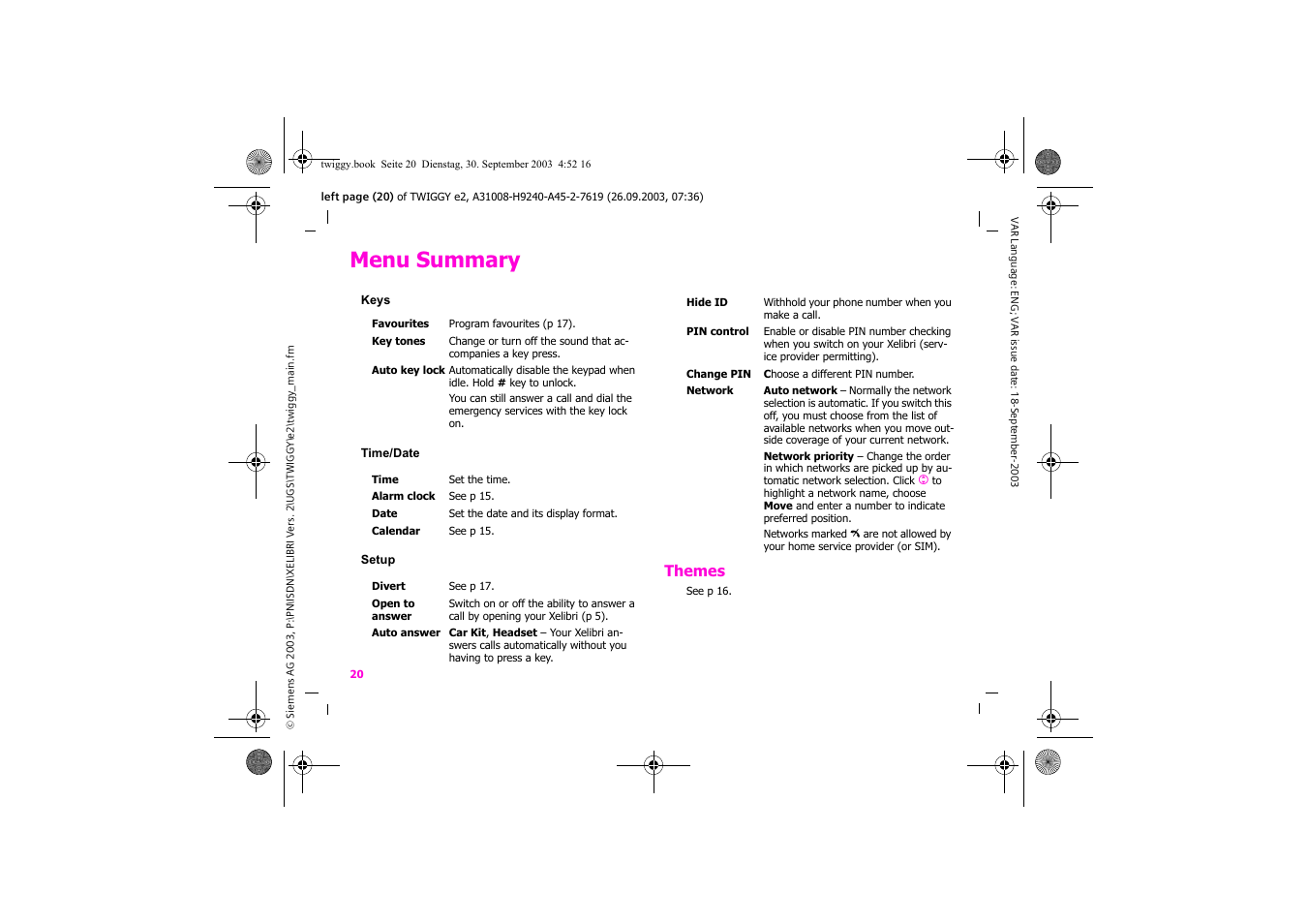 Menu summary, Themes | Siemens Xelibri 6 User Manual | Page 21 / 30