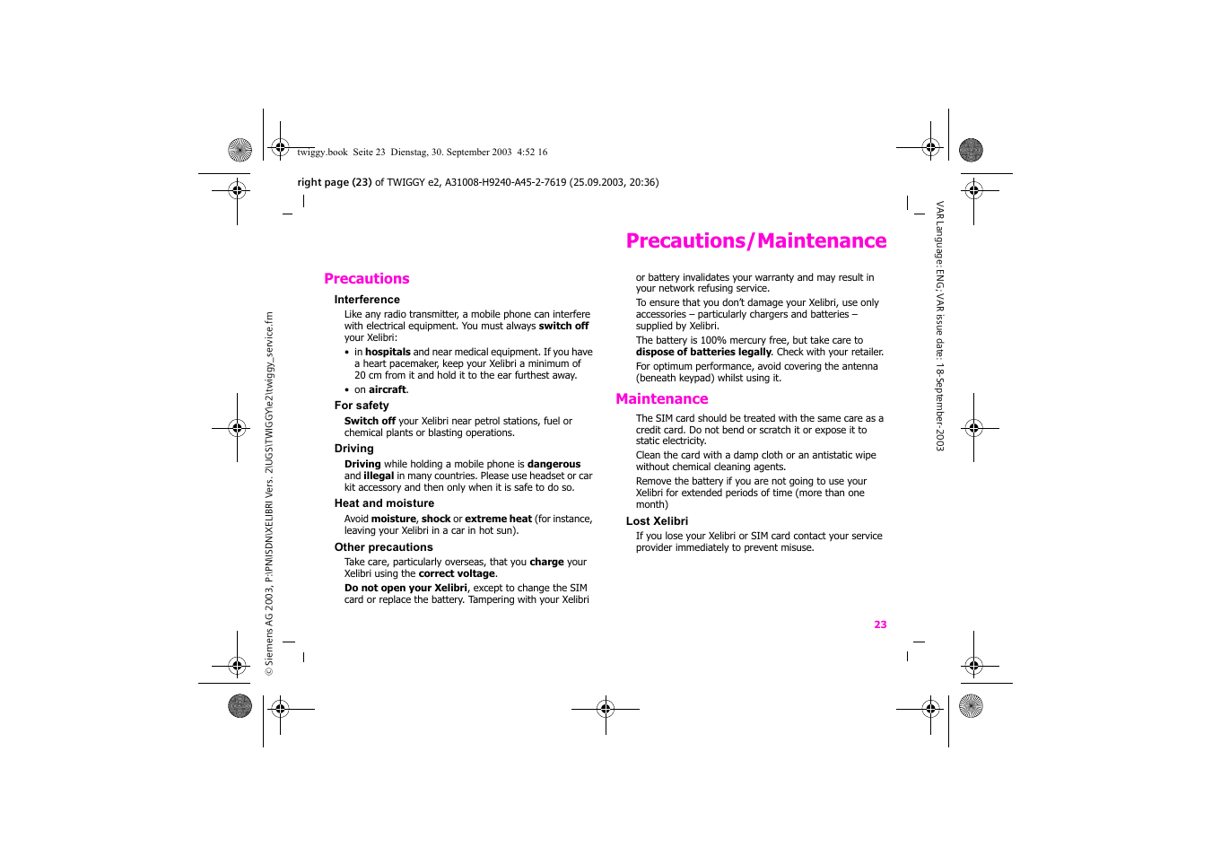 Precautions/maintenance | Siemens Xelibri 6 User Manual | Page 24 / 30