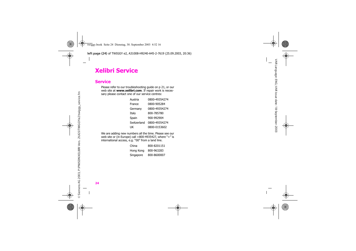 Xelibri service, Service | Siemens Xelibri 6 User Manual | Page 25 / 30