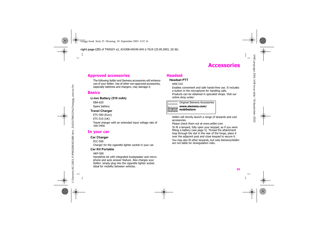 Accessories | Siemens Xelibri 6 User Manual | Page 26 / 30