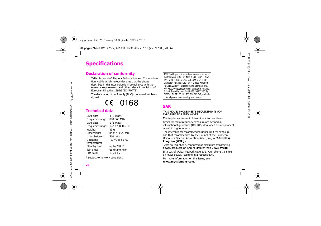 Specifications | Siemens Xelibri 6 User Manual | Page 27 / 30