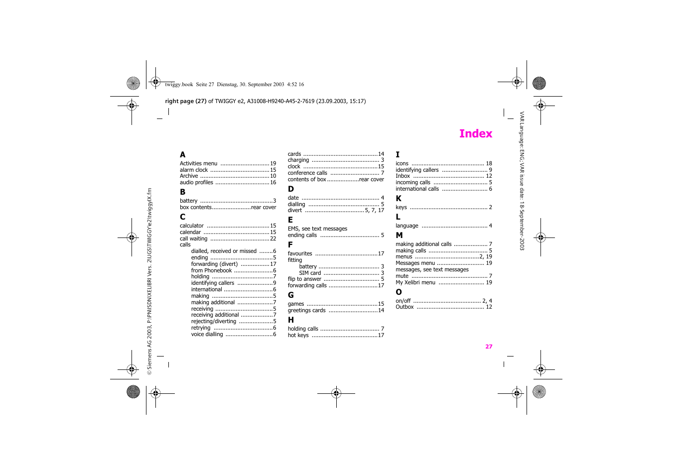 Index | Siemens Xelibri 6 User Manual | Page 28 / 30