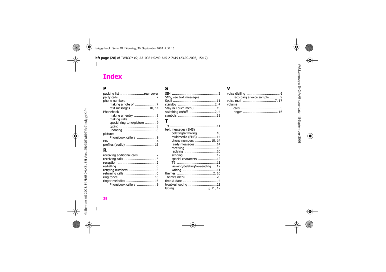 Index | Siemens Xelibri 6 User Manual | Page 29 / 30