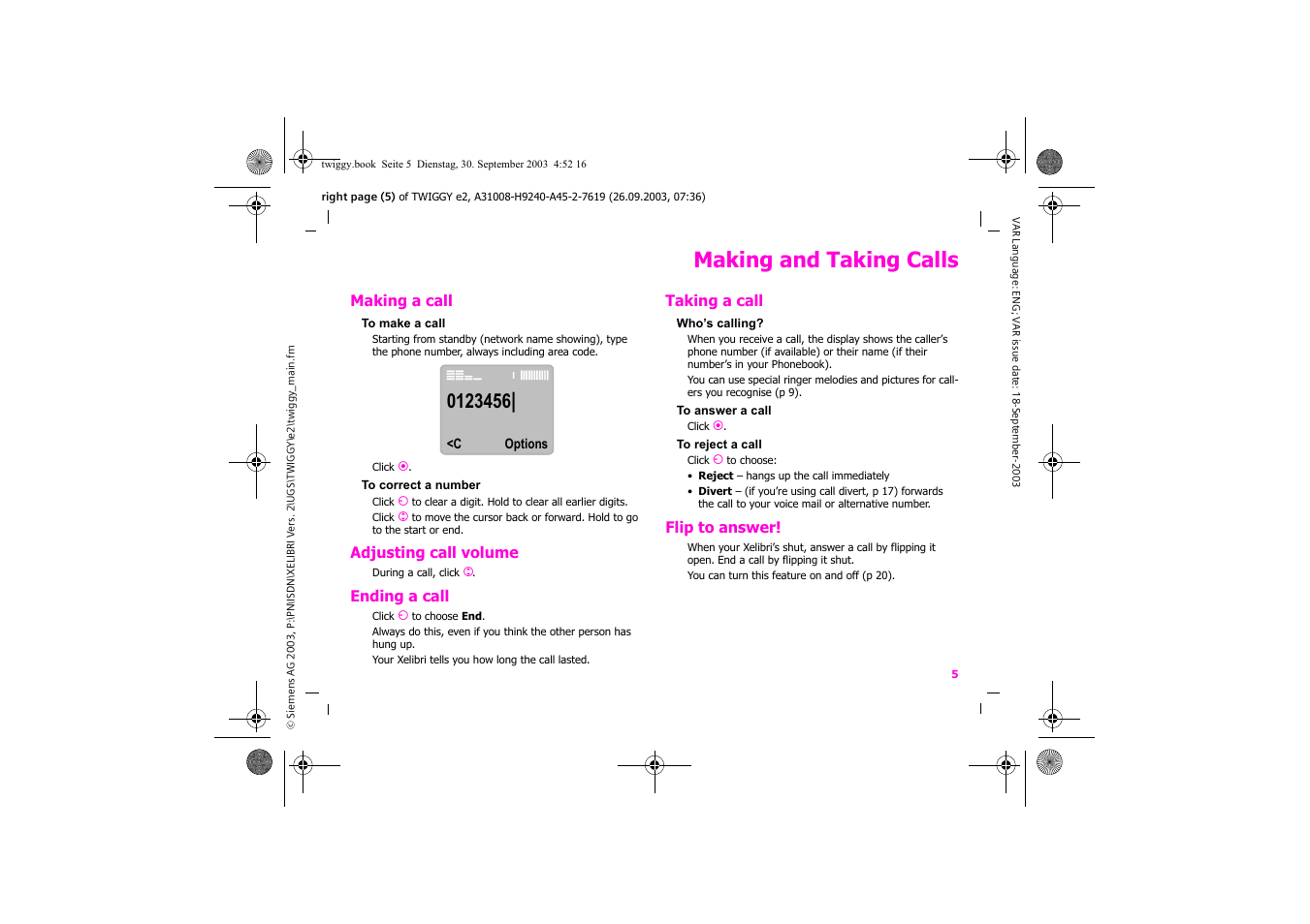 Making and taking calls | Siemens Xelibri 6 User Manual | Page 6 / 30