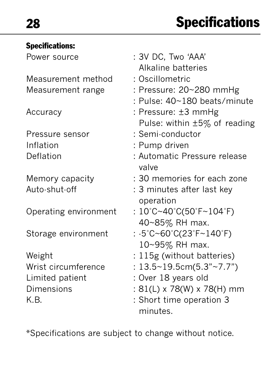 Specifications | Mark Of Fitness 1140 User Manual | Page 28 / 31