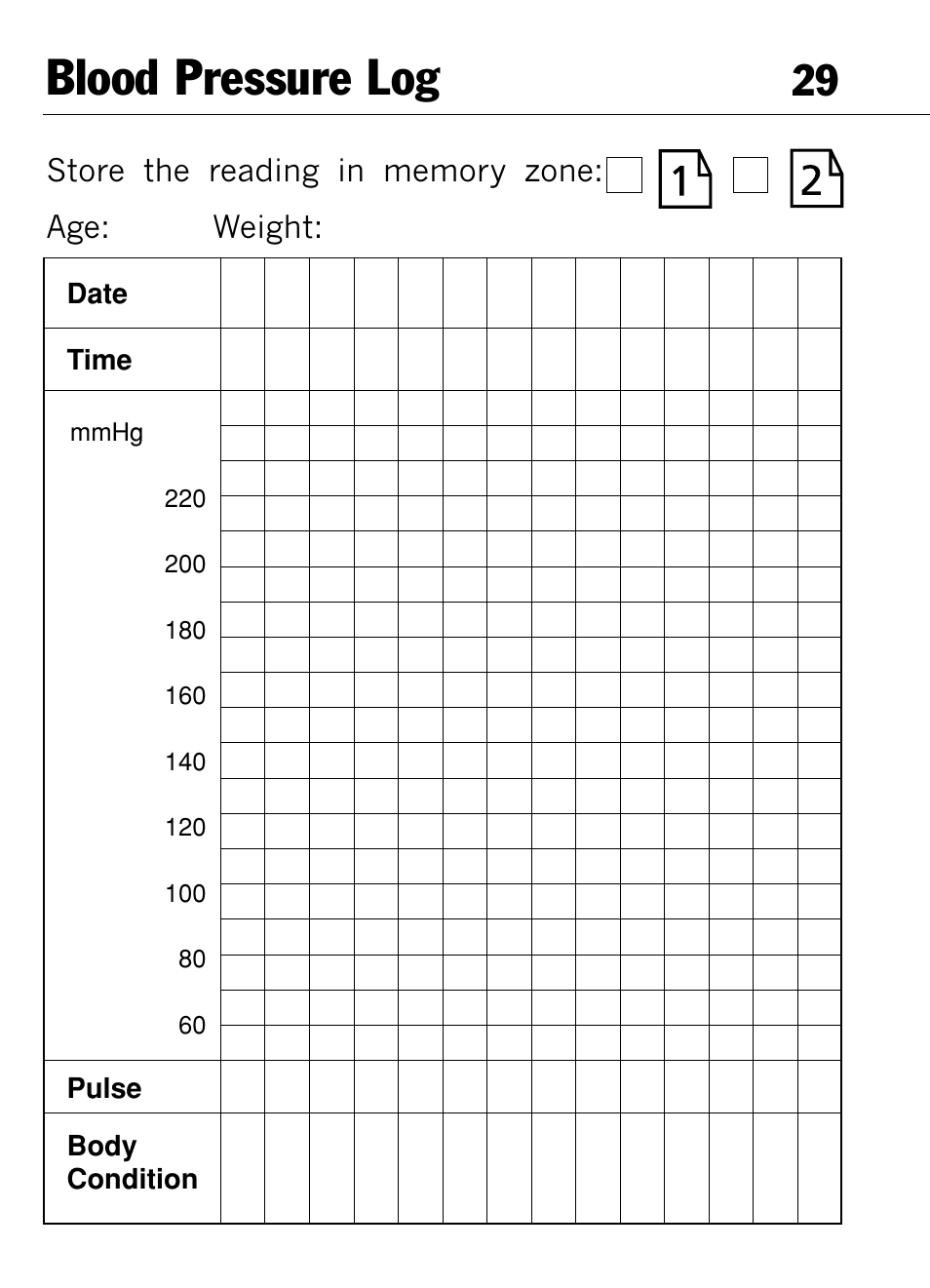 Blood pressure log | Mark Of Fitness 1140 User Manual | Page 29 / 31