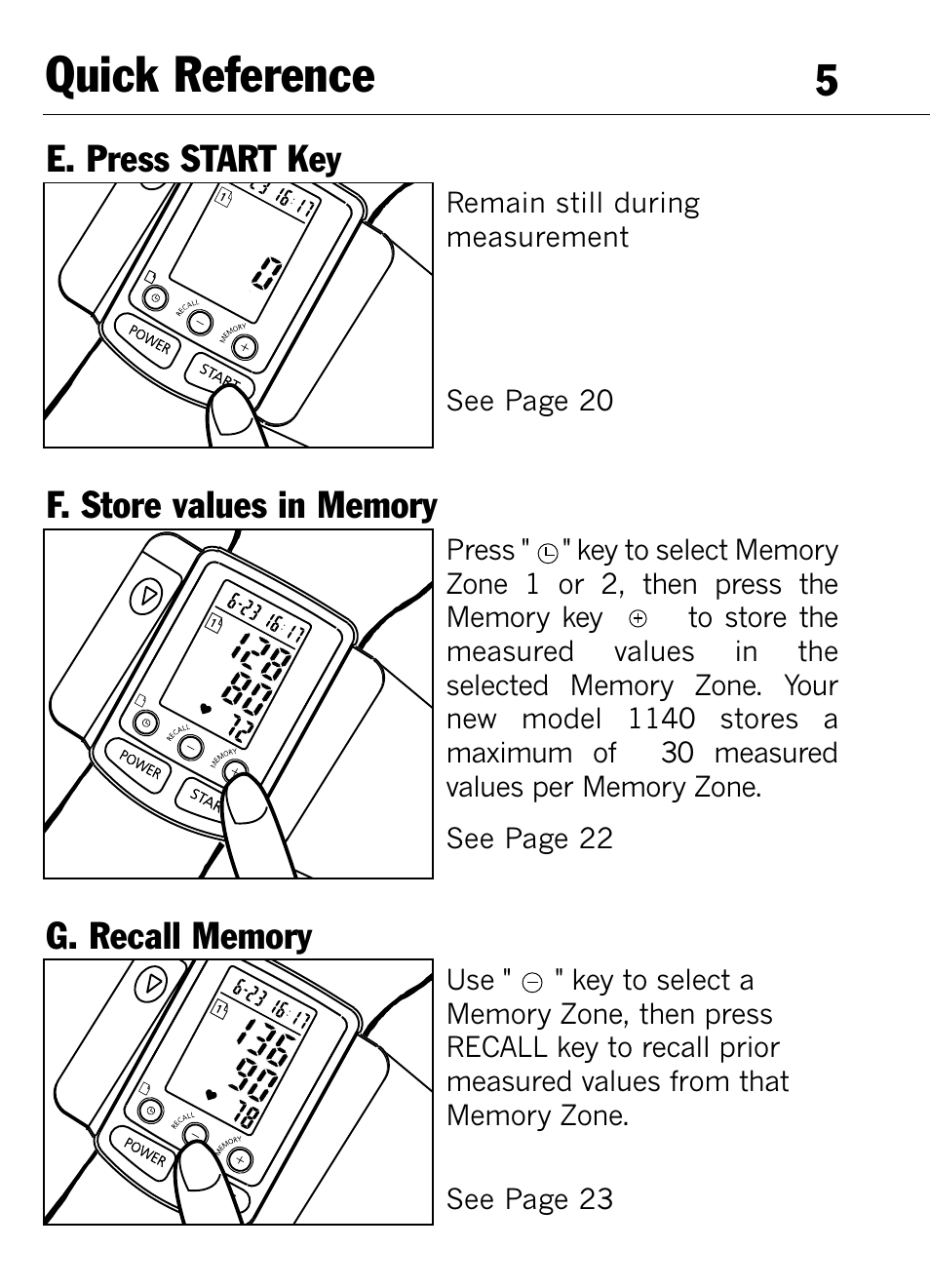 Quick reference, E. press start key | Mark Of Fitness 1140 User Manual | Page 5 / 31