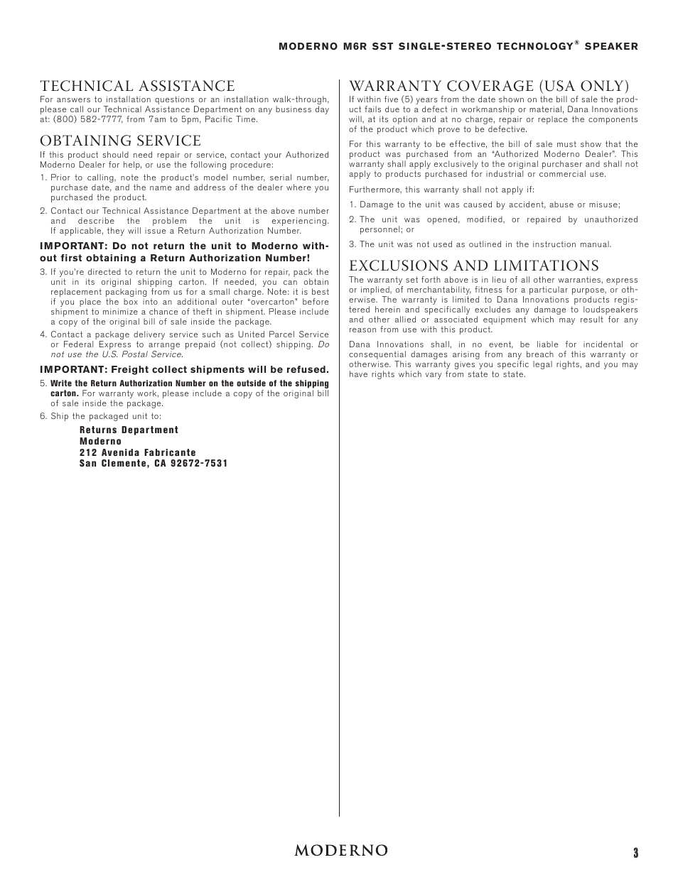 Technical assistance, Obtaining service, Warranty coverage (usa only) | Exclusions and limitations | Moderno M6RSST User Manual | Page 3 / 4