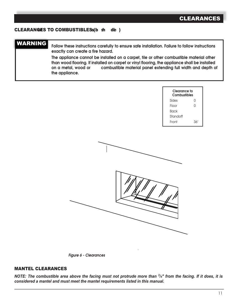 Clearances, Warning | Mastic Spark Modern Fires 91P User Manual | Page 11 / 42