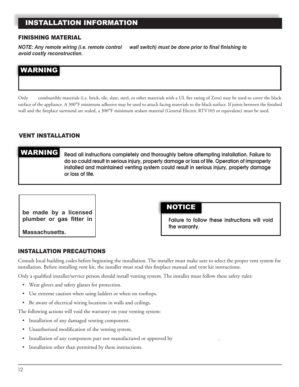 Installation information, Warning, Notice warning | Mastic Spark Modern Fires 91P User Manual | Page 12 / 42