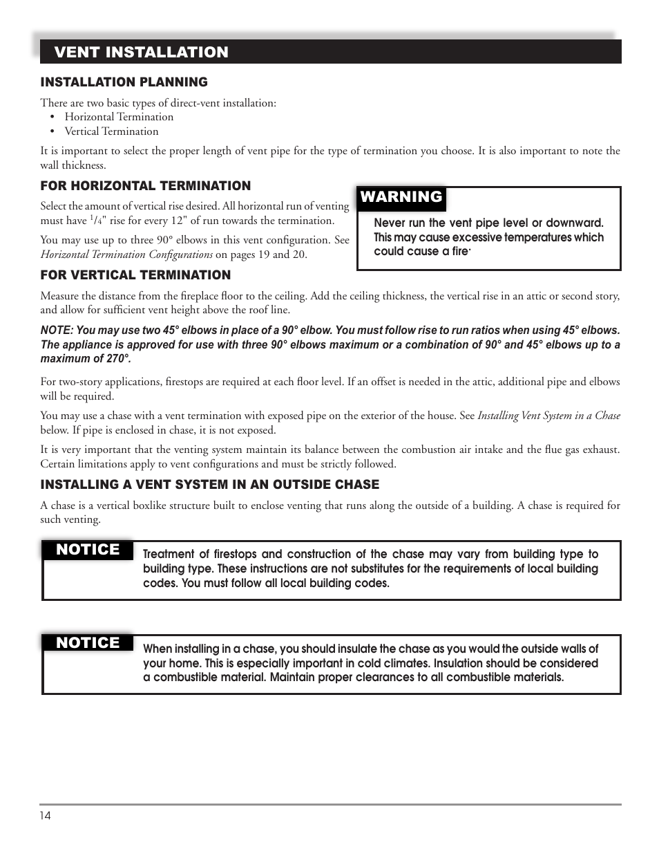 Vent installation, Warning, Notice | Mastic Spark Modern Fires 91P User Manual | Page 14 / 42