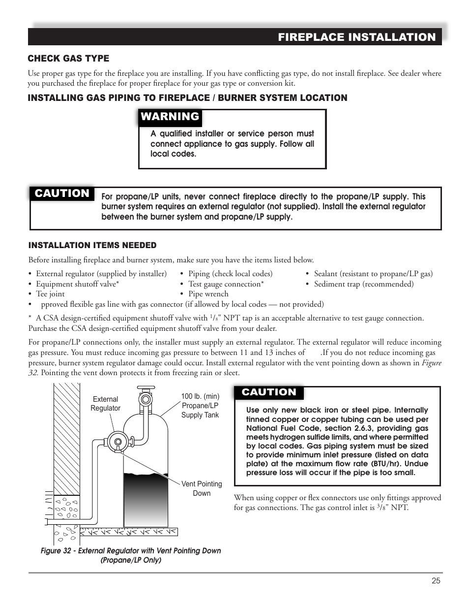 Fireplace installation, Warning, Caution | Mastic Spark Modern Fires 91P User Manual | Page 25 / 42