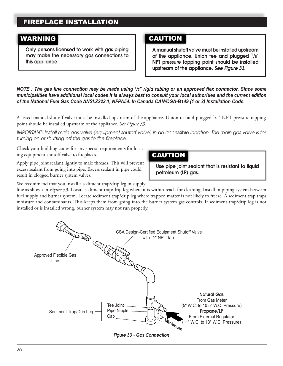 Fireplace installation, Warning, Caution | Mastic Spark Modern Fires 91P User Manual | Page 26 / 42