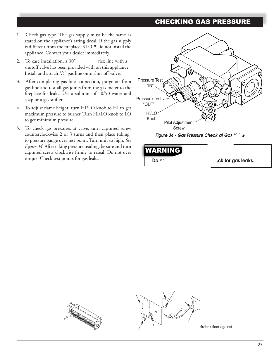 Checking gas pressure, Warning | Mastic Spark Modern Fires 91P User Manual | Page 27 / 42