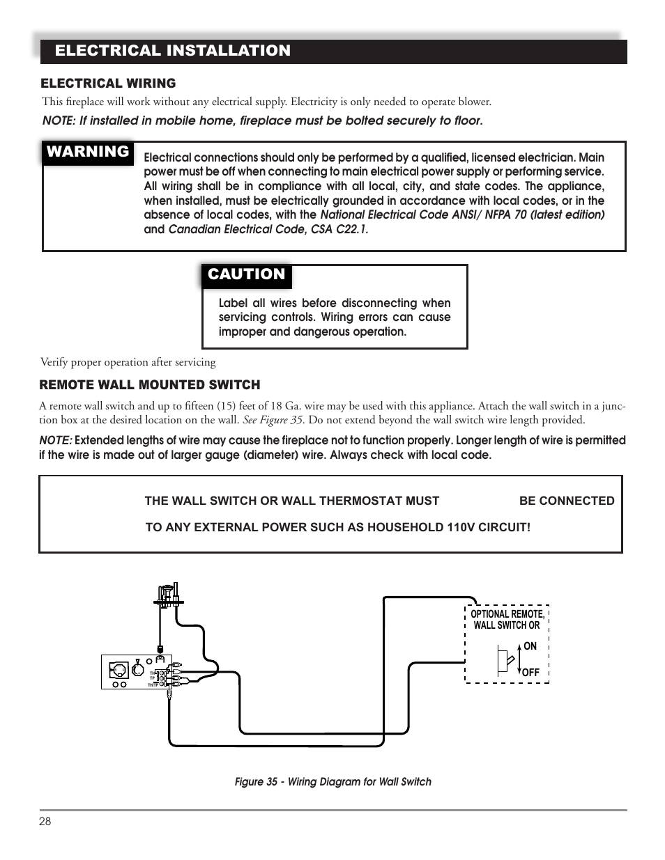 Never, Danger, Electrical installation | Warning, Caution, Remote wall mounted switch, Electrical wiring | Mastic Spark Modern Fires 91P User Manual | Page 28 / 42