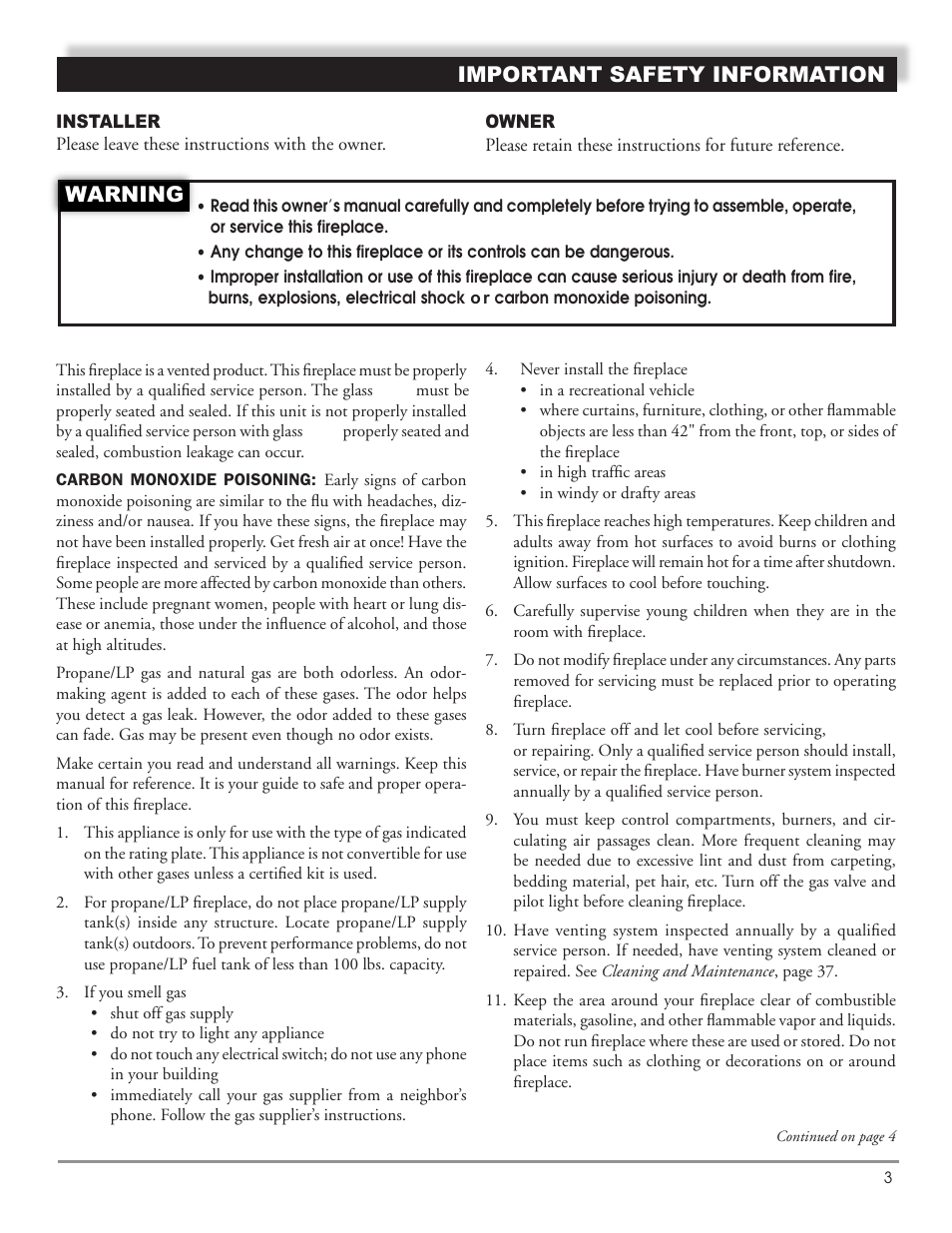 Important safety information, Warning | Mastic Spark Modern Fires 91P User Manual | Page 3 / 42