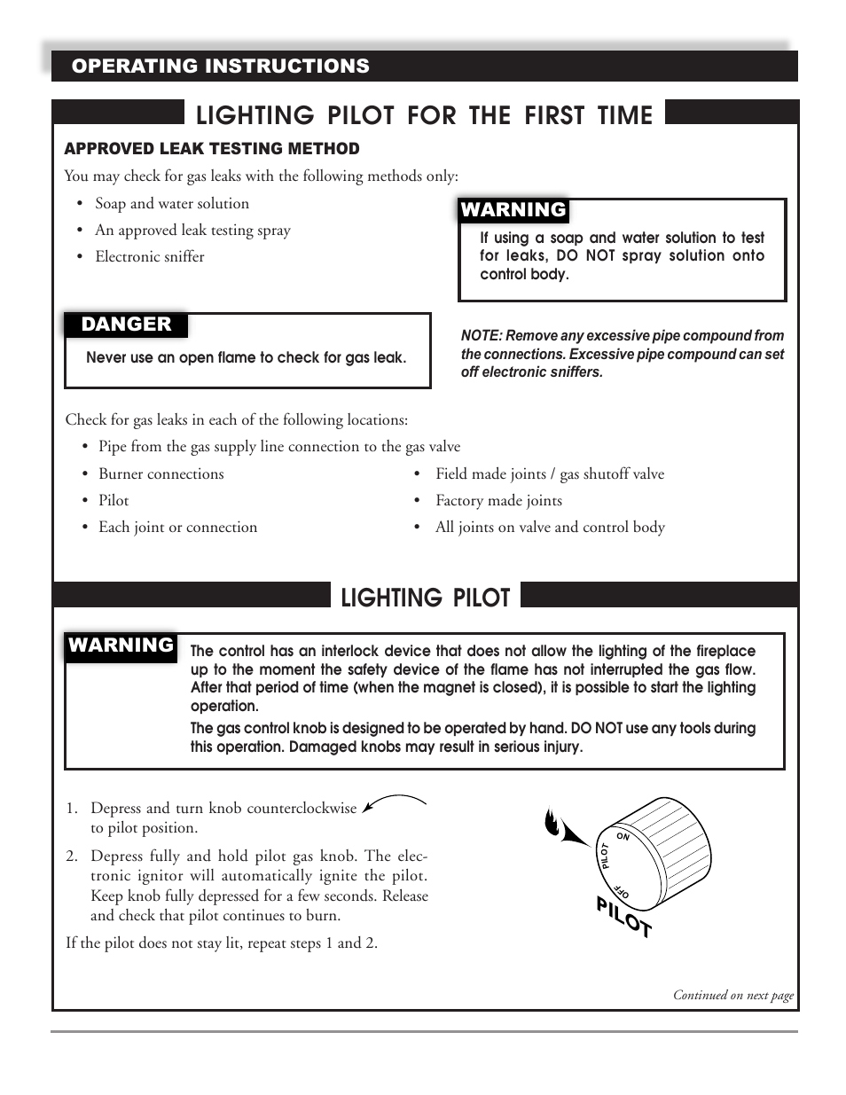 Lighting pilot, Lighting pilot for the first time, Operating instructions | Warning, Danger | Mastic Spark Modern Fires 91P User Manual | Page 32 / 42