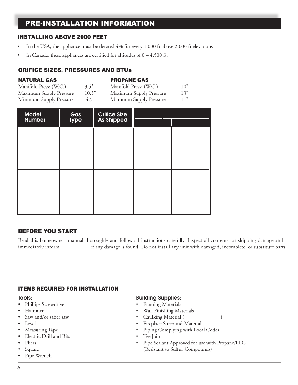 Pre-installation information | Mastic Spark Modern Fires 91P User Manual | Page 6 / 42