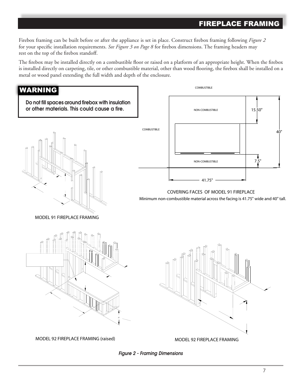 Fireplace framing, Warning | Mastic Spark Modern Fires 91P User Manual | Page 7 / 42