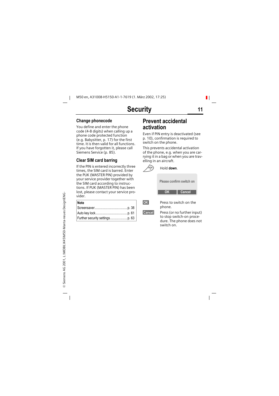 Security, Prevent accidental activation | Siemens M50 User Manual | Page 13 / 96