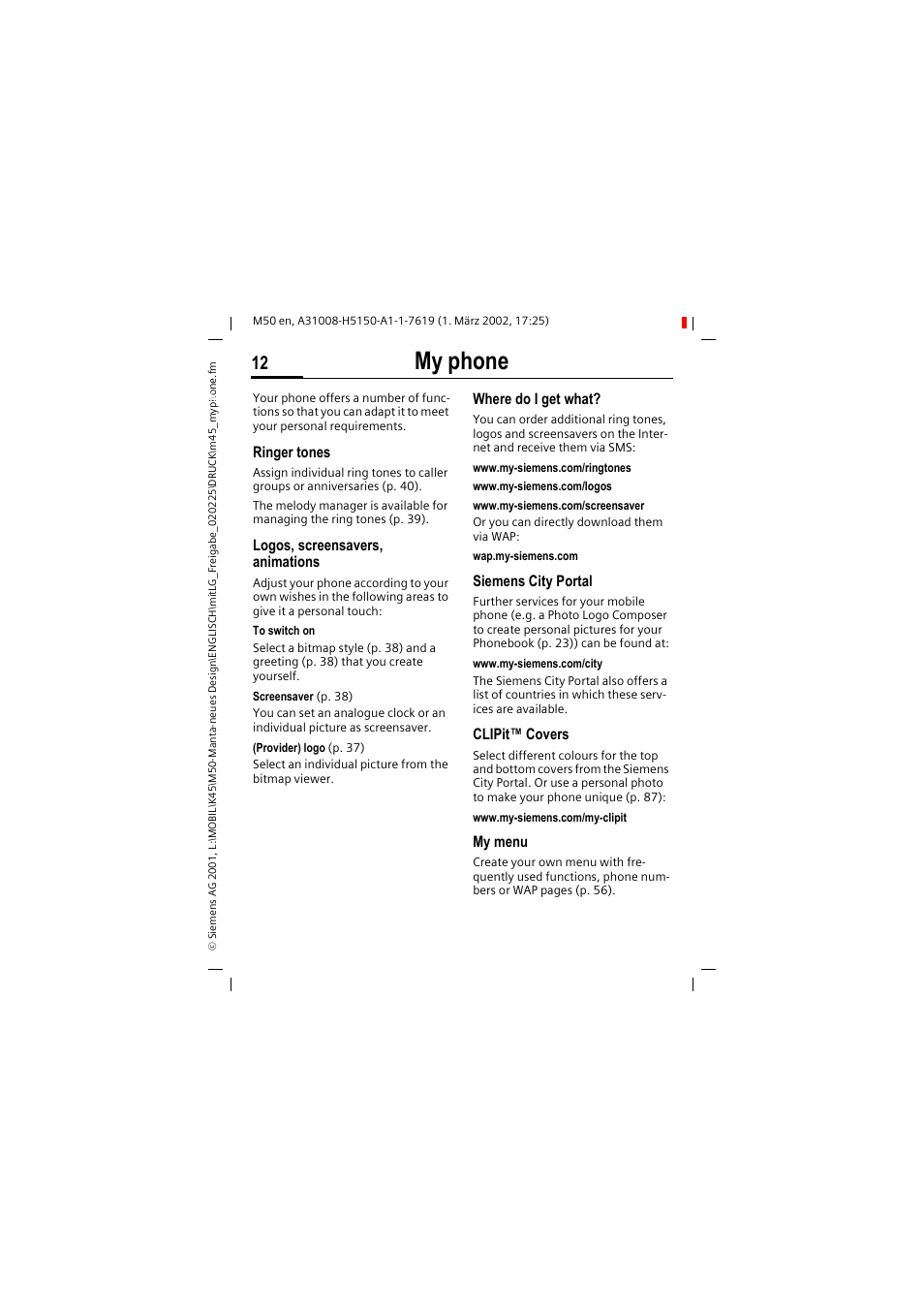 My phone | Siemens M50 User Manual | Page 14 / 96