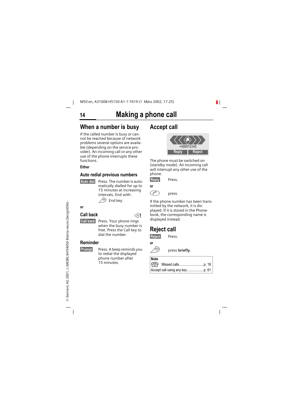Making a phone call, When a number is busy, Accept call | Reject call | Siemens M50 User Manual | Page 16 / 96